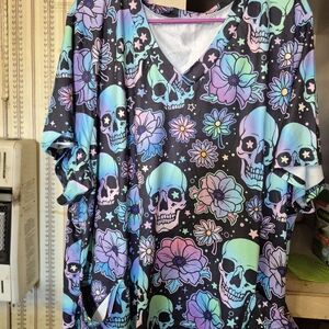 Rainbow Pastel Skull & Flower V-Neck Top